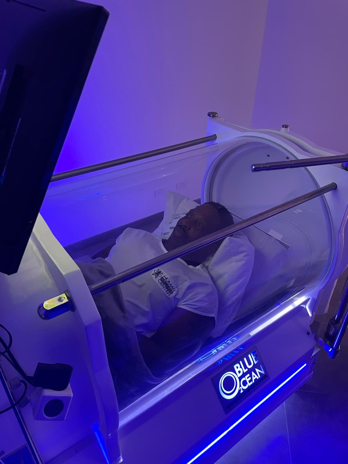 A patient during a hyperbaric oxygen session at Human Wellness Center